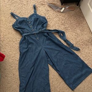 Lane Bryant Blue Denim wide leg crop jumpsuit.
